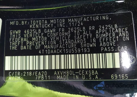 2025 Toyota Camry Se from USA, damaged, VIN 4T1DAACK1SU559193